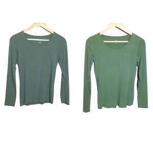 J. Jill Womens Set of 2 Basic Long Sleeve Pima Cotton Green Tee's Both Size S